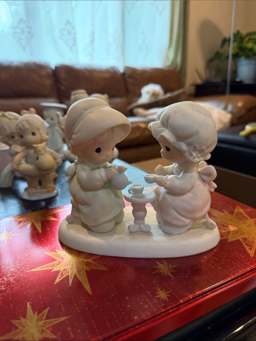 Precious Moments Bisque Figurine Tea Party in Cream and Pastel Pink